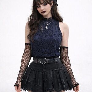 Apt 9 Womens Sleeveless Tank Top Navy Blue Floral Lace Overlay Whimsigoth NWT